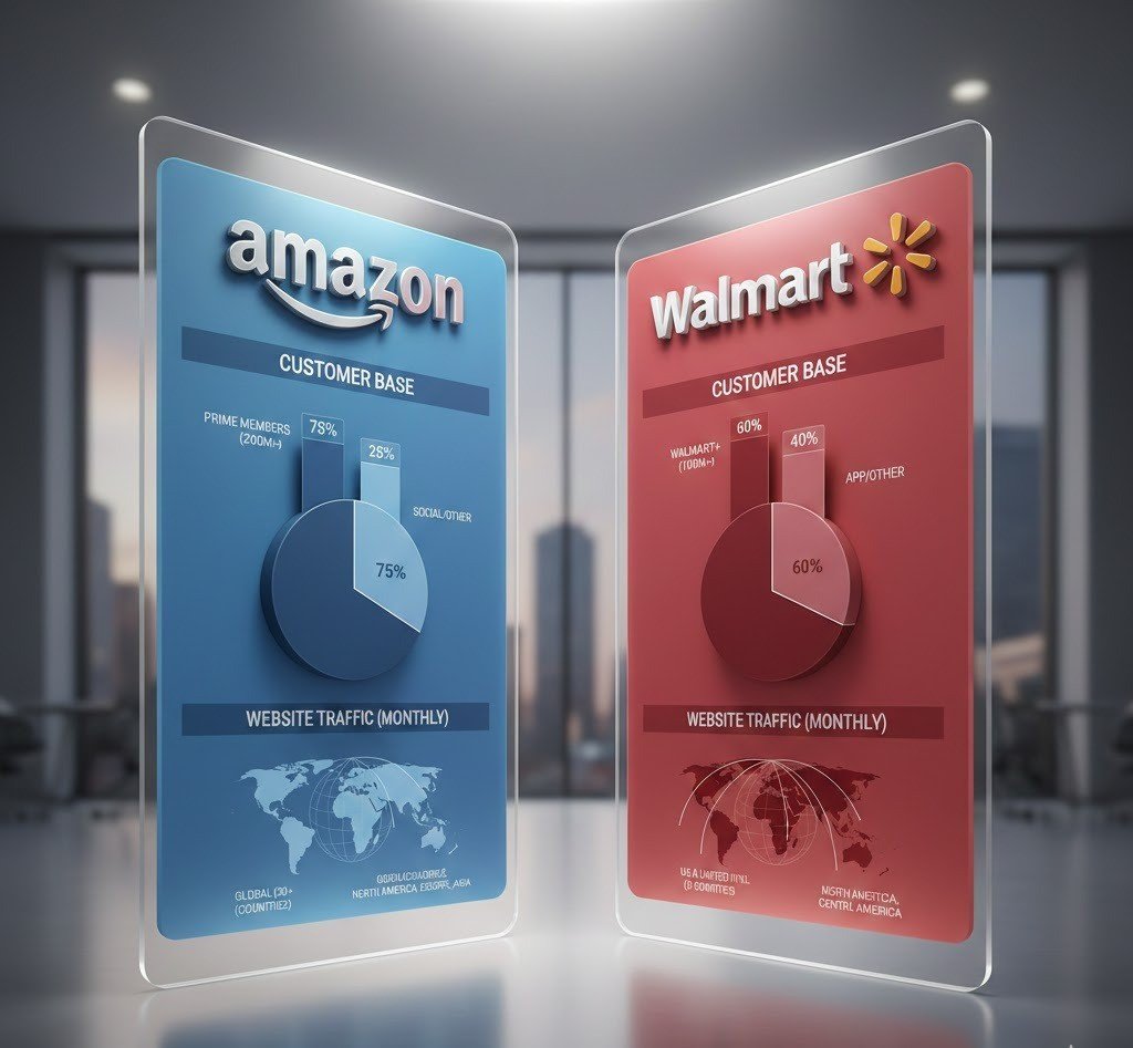 Comparison of Amazon and Walmart marketplaces showing customer base, traffic, and reach for dropshipping.