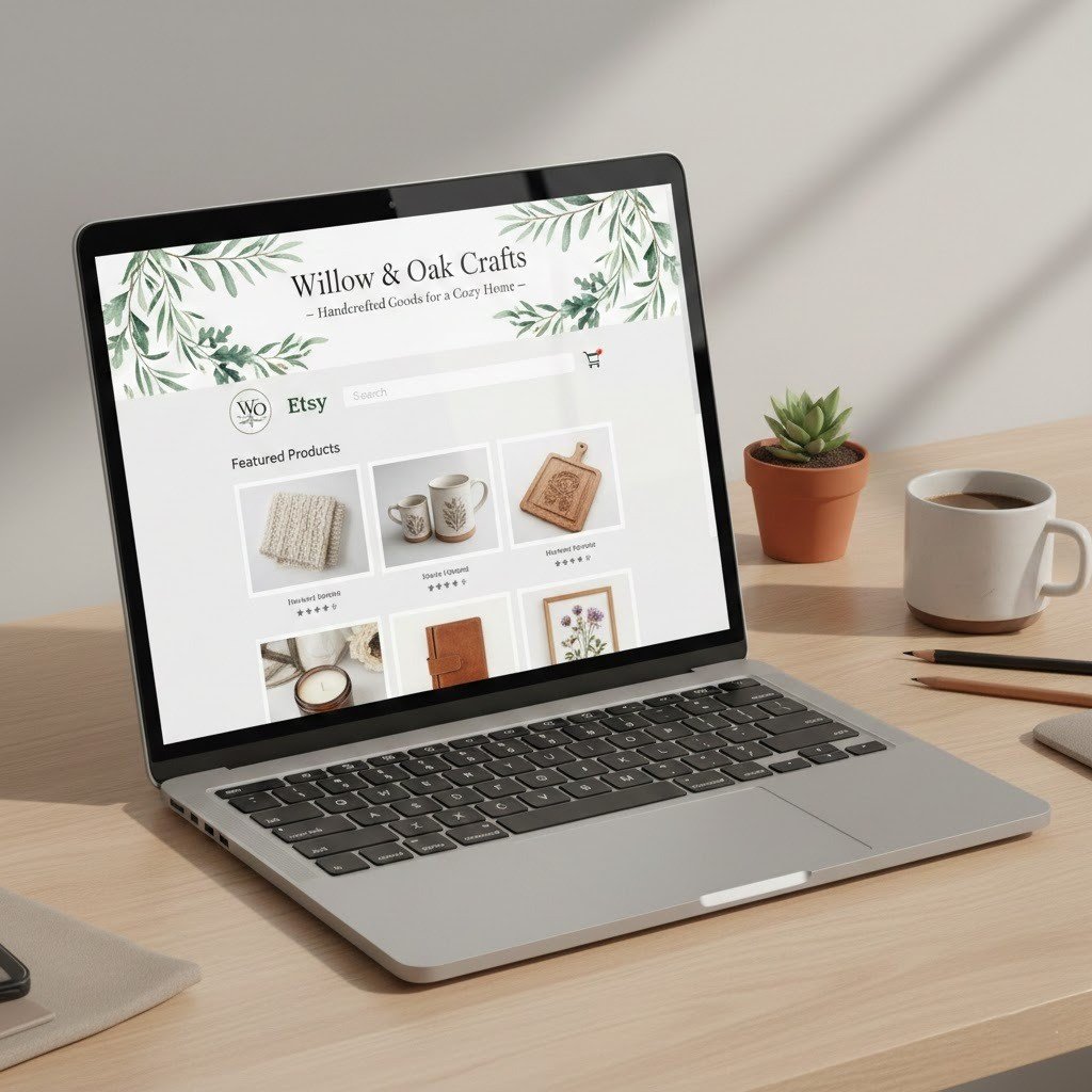 Etsy store homepage mockup showing professional branding and high-conversion layout.