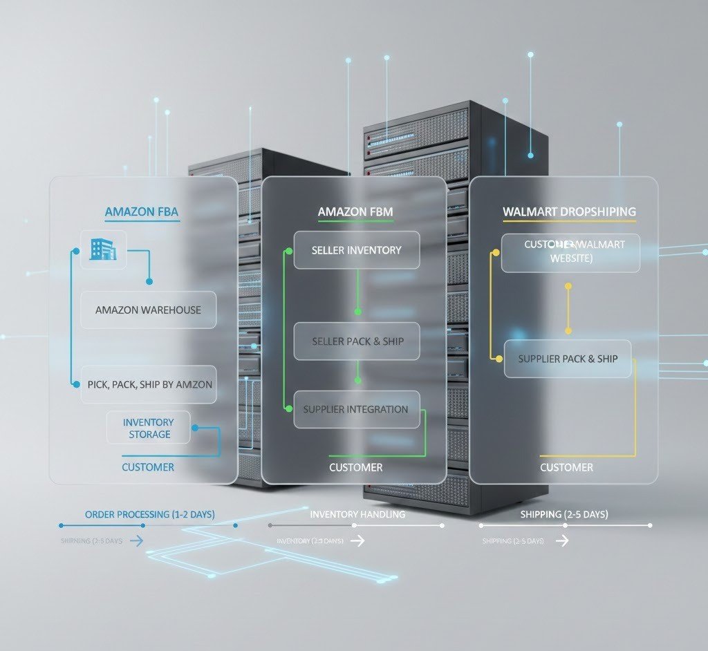 Fulfillment comparison for Amazon FBA/FBM and Walmart dropshipping with supplier coordination.
