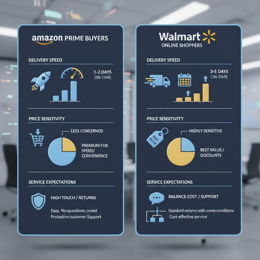 Comparison of customer expectations between Amazon and Walmart online buyers.