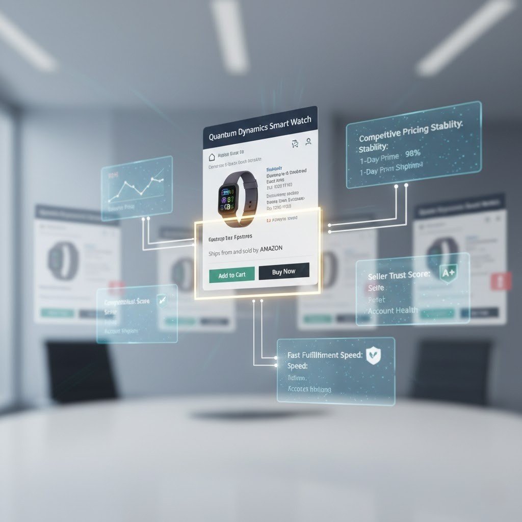Amazon Buy Box strategy visualization showing pricing, fulfillment speed, and seller performance metrics.