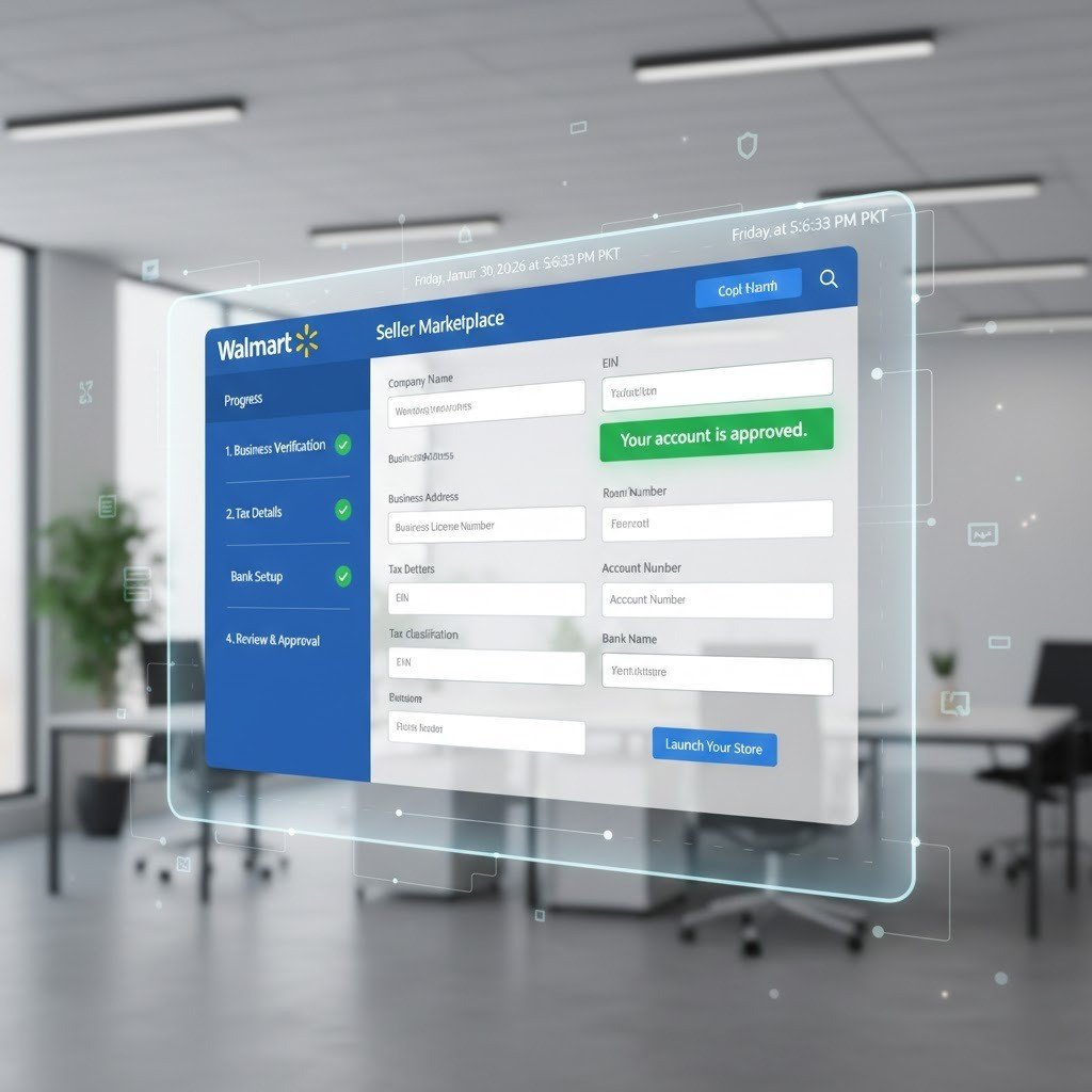 Walmart Marketplace seller account setup and verification dashboard.