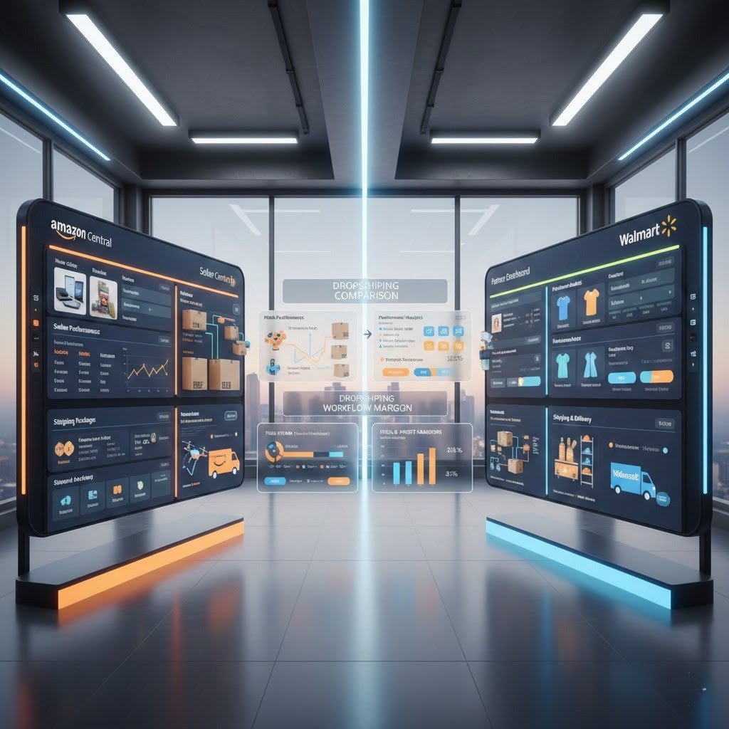 Comparison of Amazon and Walmart marketplaces showing order management, fulfillment, and dropshipping metrics.