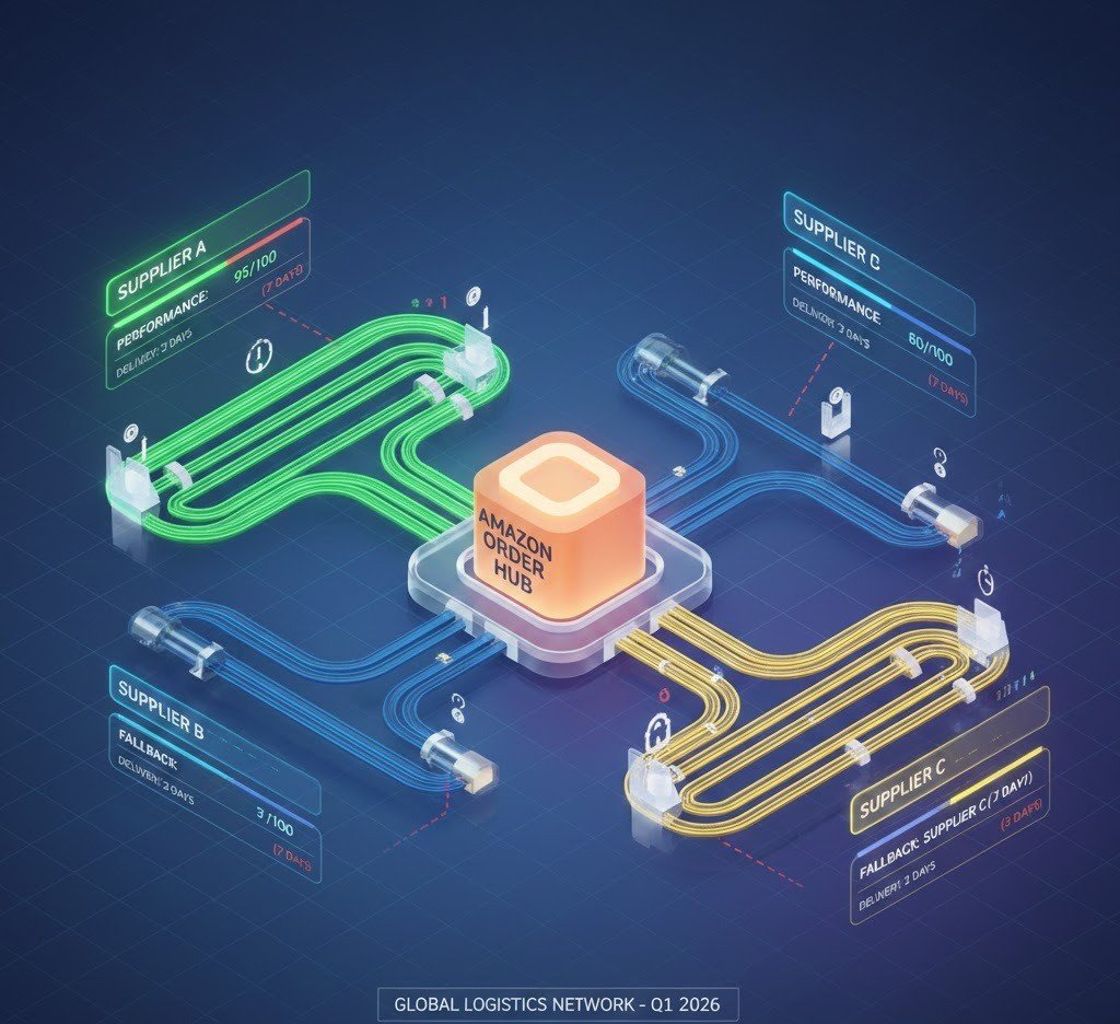Multi-supplier routing system for scalable Amazon dropshipping fulfillment.