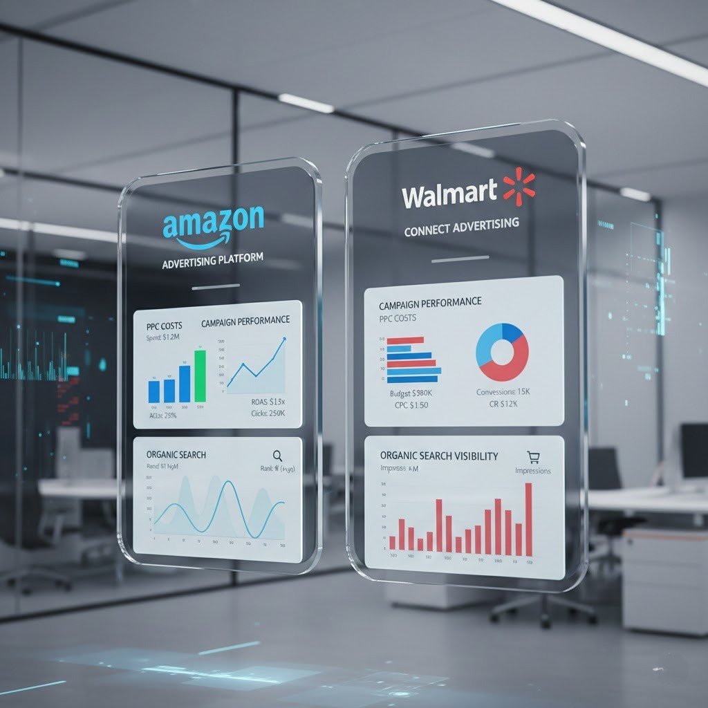 Comparison of Amazon and Walmart advertising dashboards and visibility for sellers.