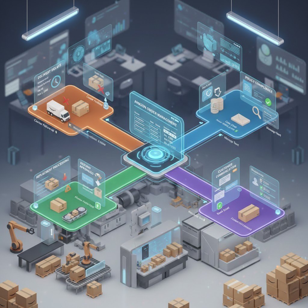 Amazon order exception management workflow handling delays, refunds, and replacements.