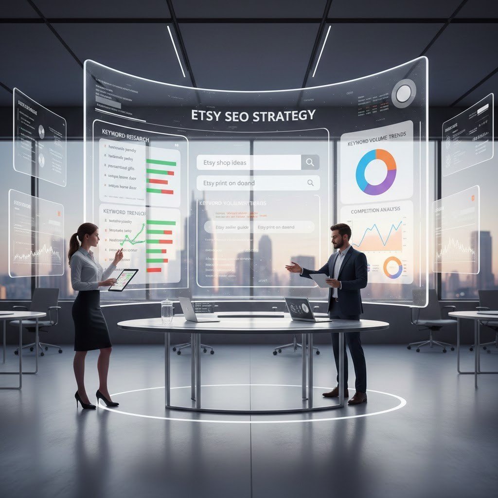Etsy keyword research dashboard showing high-volume, low-competition search terms.