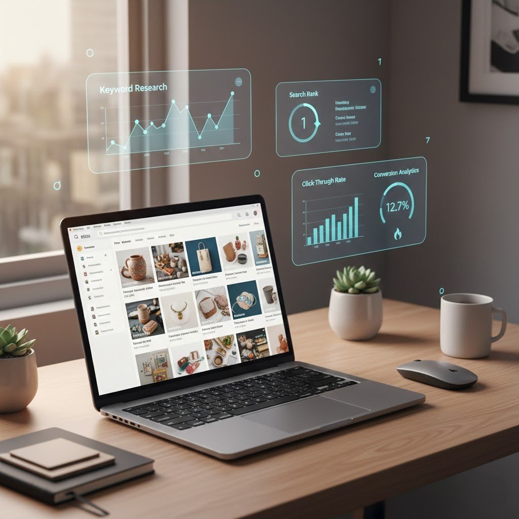 Etsy SEO optimization process showing first-page ranked listings with keyword research and analytics dashboard.