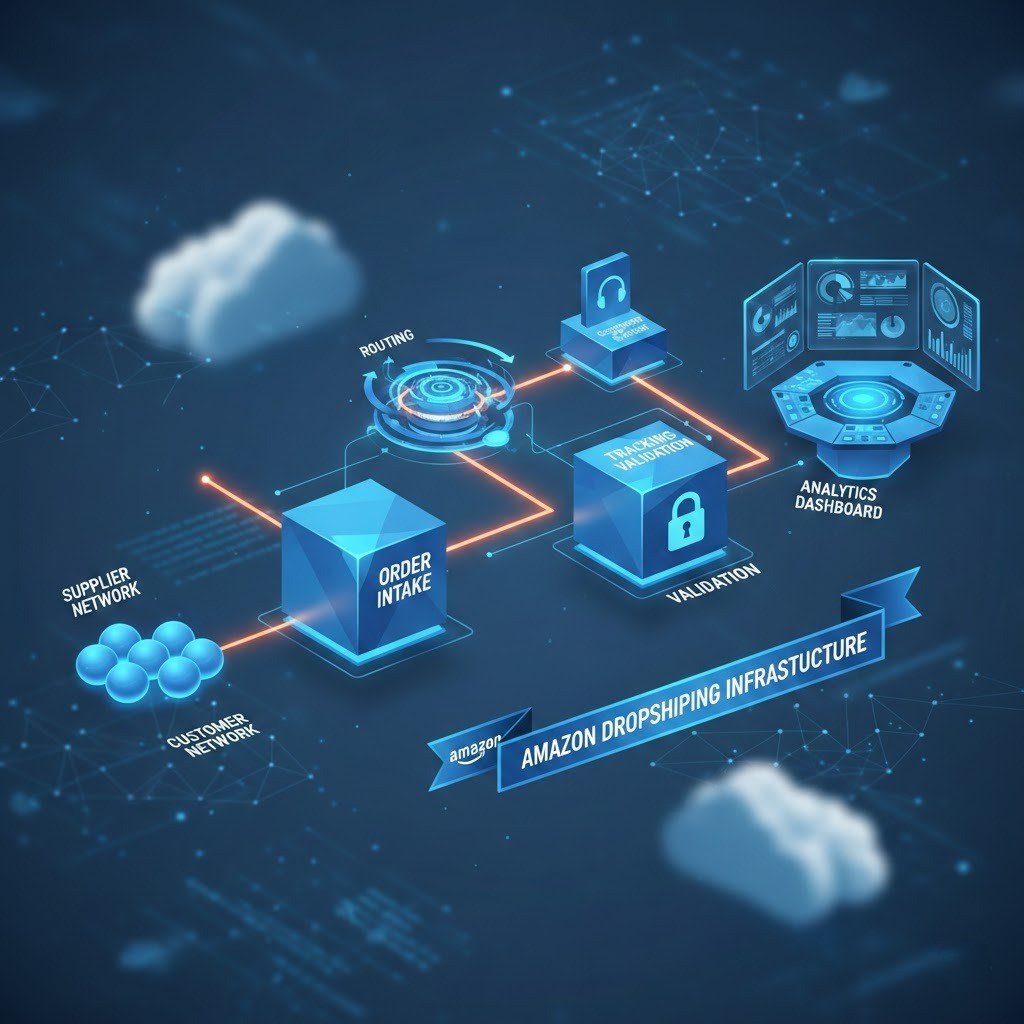 Complete Amazon dropshipping operations ecosystem from supplier sourcing to customer delivery.