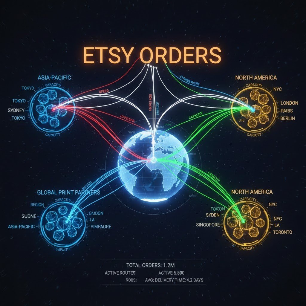Print partner routing system for Etsy print-on-demand fulfillment.