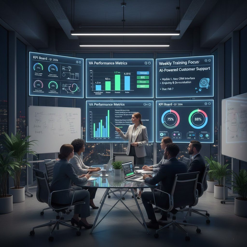 Photorealistic scene showing team meeting with dashboards displaying VA performance metrics, weekly training materials, and KPI boards in a modern office.