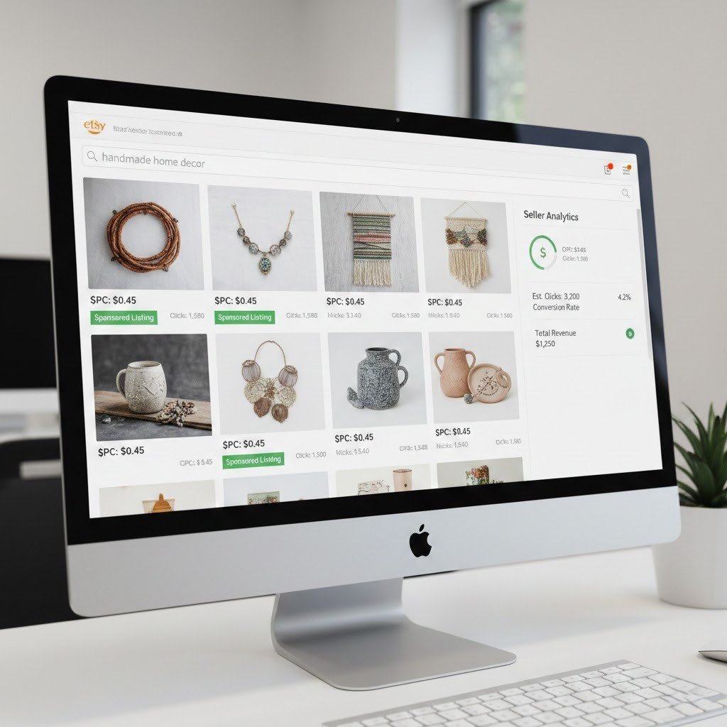 Etsy promoted listings appearing at the top of search results with PPC metrics.