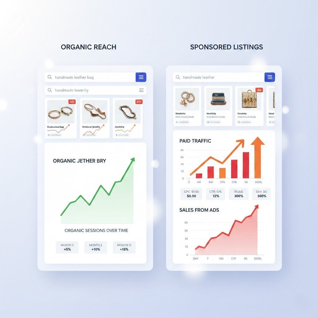Comparison of Etsy ads and organic traffic showing paid promoted listings versus SEO growth.