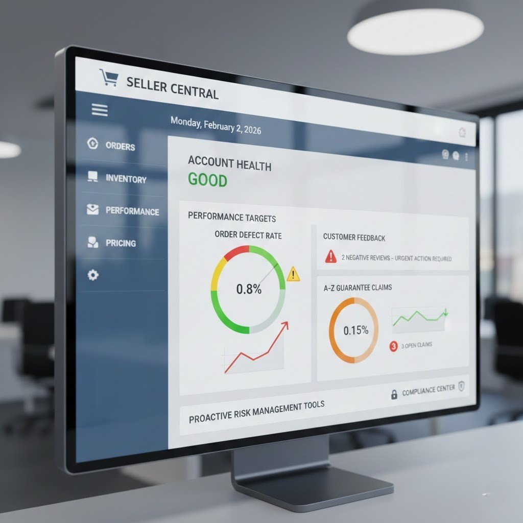 Amazon Order Defect Rate monitoring showing feedback and claim alerts.
