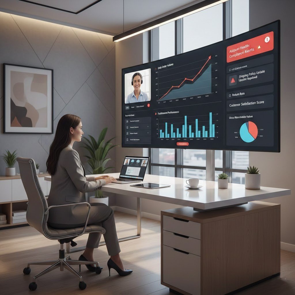 Business owner evaluating an ecommerce virtual assistant service using performance dashboards and compliance metrics.