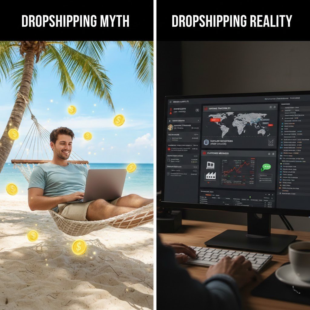 Comparison of dropshipping passive income myth versus real operational management behind an Amazon store.