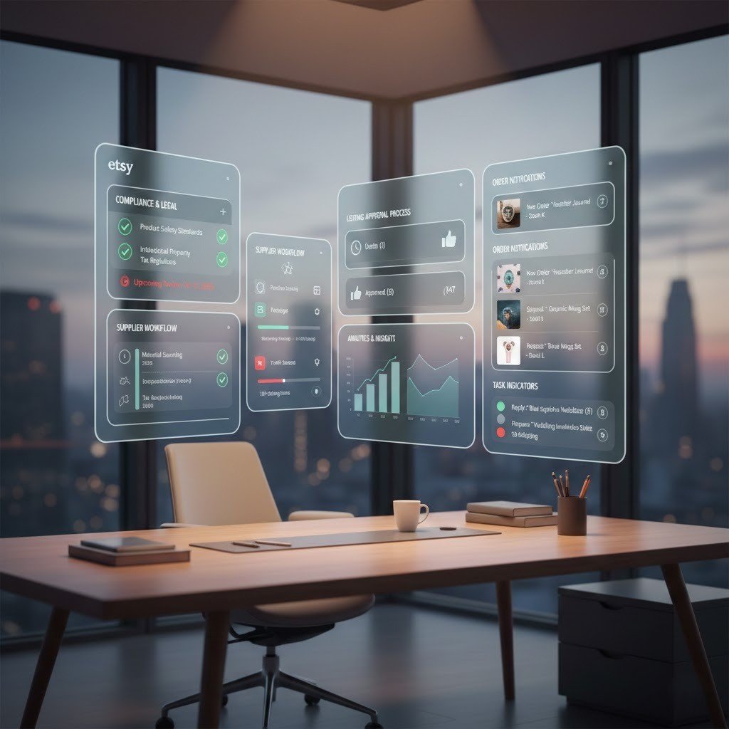 Etsy seller dashboard displaying compliance checks, supplier workflow, and order management interface.