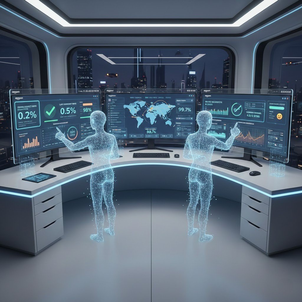 Amazon performance metrics monitoring dashboard showing Order Defect Rate, Buy Box eligibility, and customer feedback with VAs managing operations.