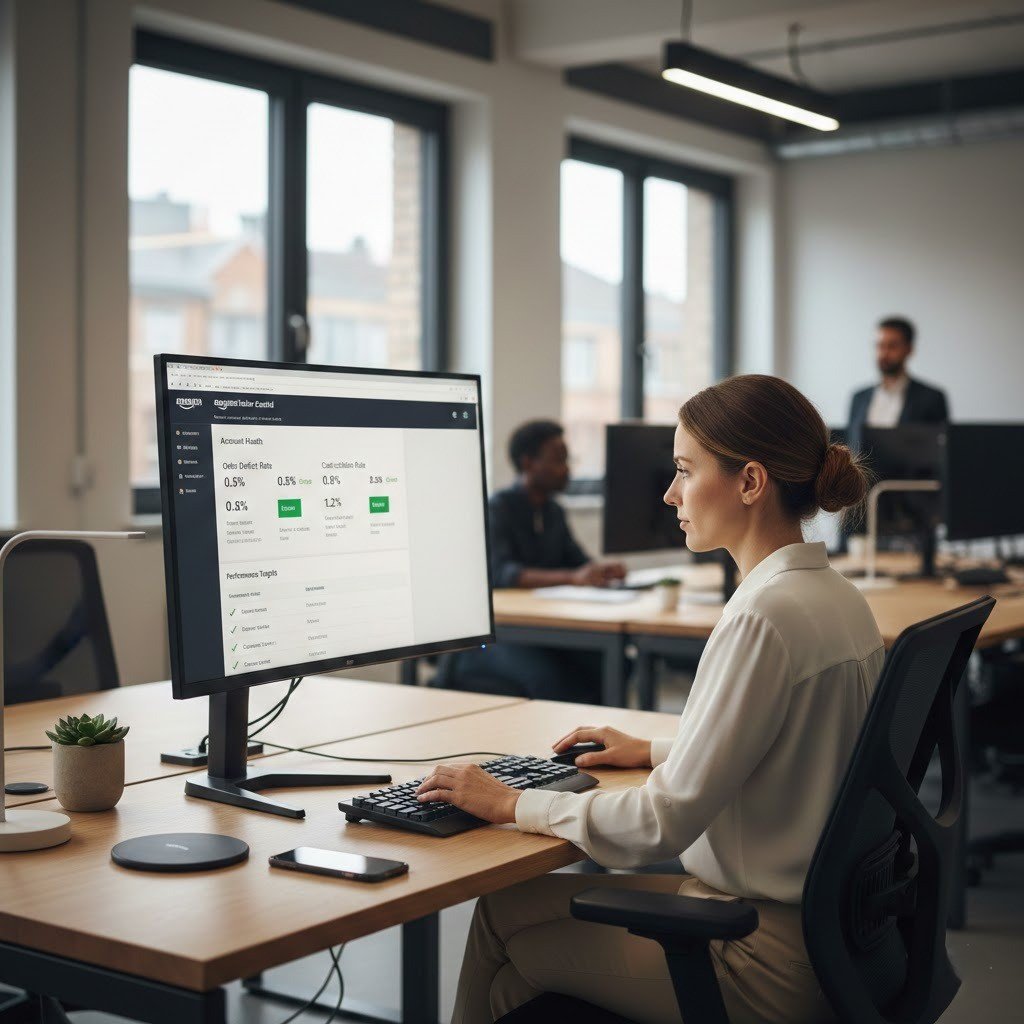 Ecommerce virtual assistant reviewing Amazon Seller Central account health dashboard.