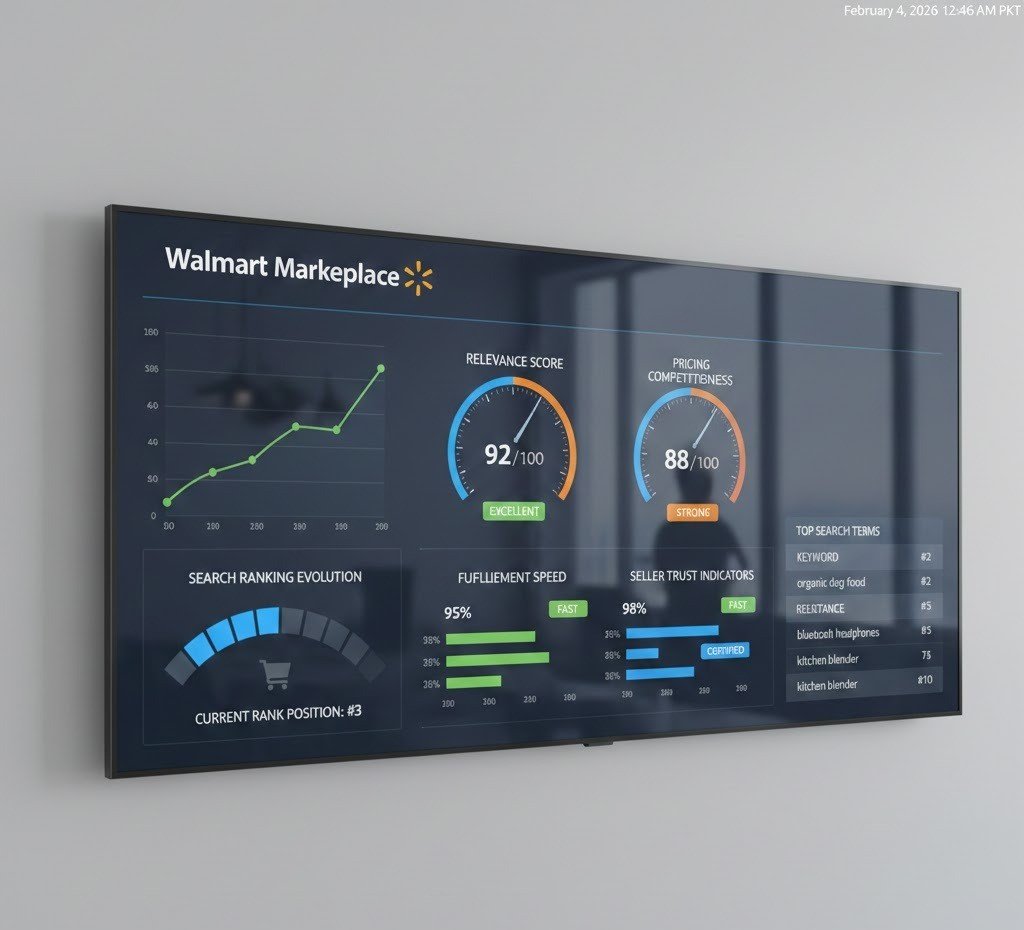 Walmart Marketplace search ranking dashboard showing relevance, pricing, and fulfillment signals.