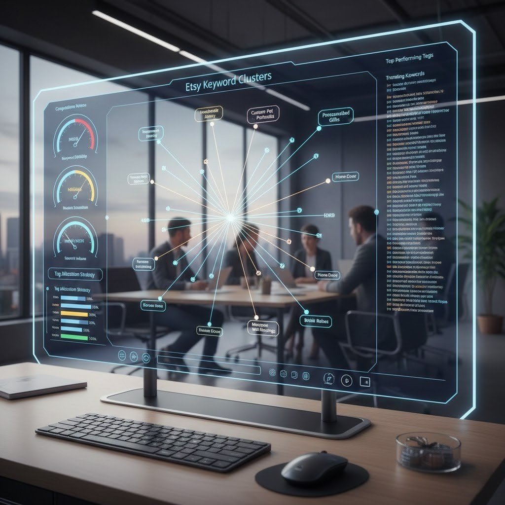 Etsy tag optimization dashboard with keyword clusters and competition analysis.