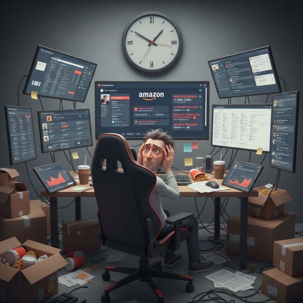 Hyper-realistic 3D illustration showing an Amazon seller overwhelmed with multiple dashboards, pending orders, and customer complaints on screens. The environment reflects chaos contrasted with a clock showing urgency.