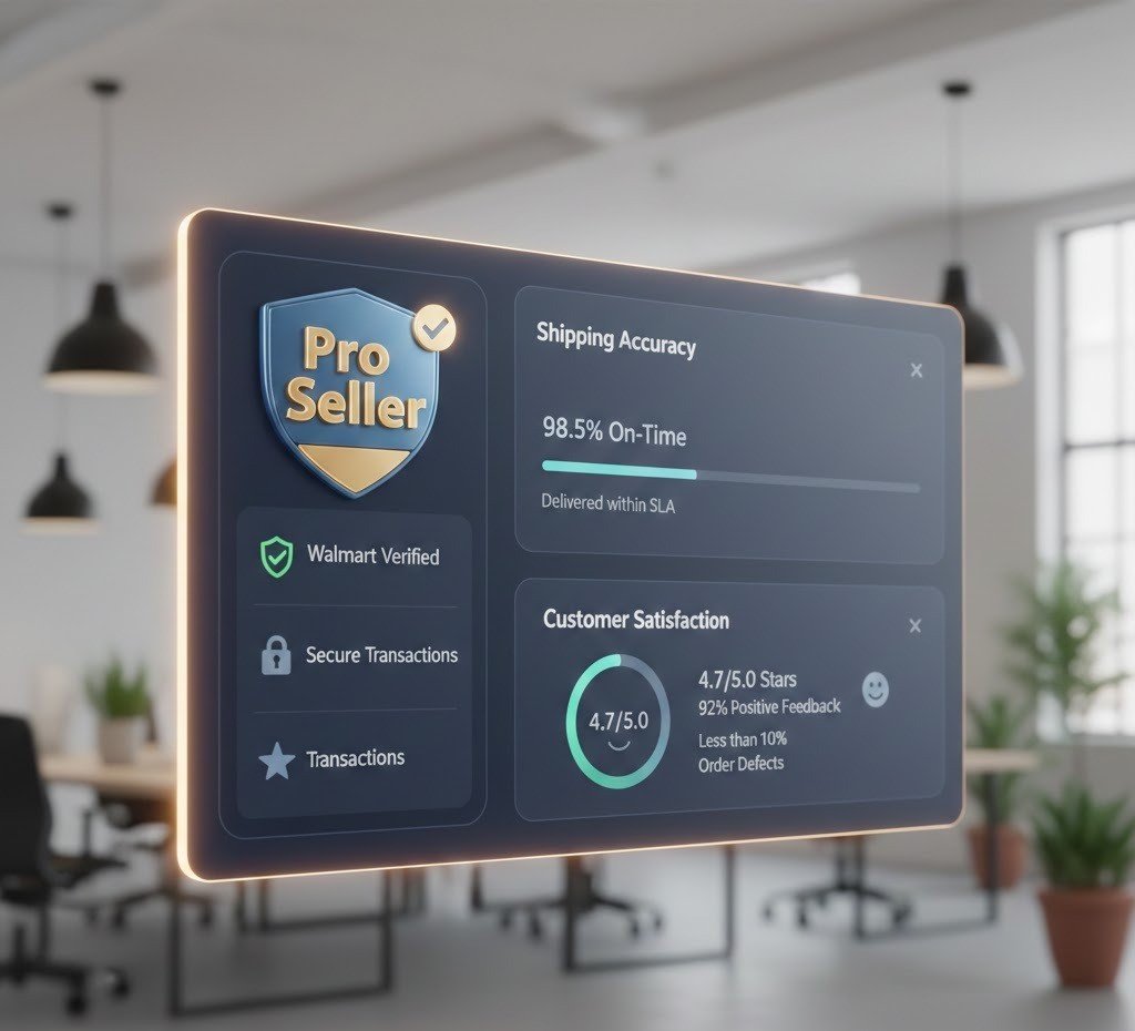Walmart Pro Seller Badge displayed on seller dashboard with performance metrics.
