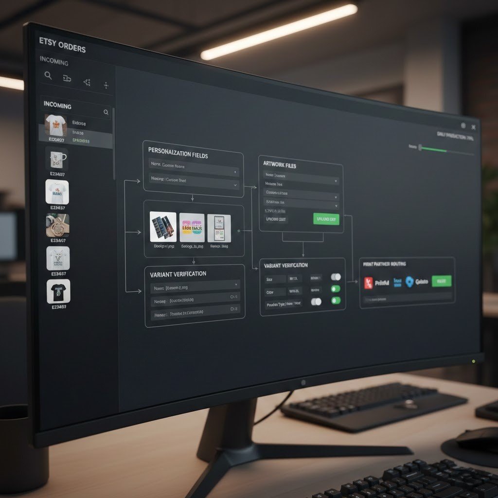 Etsy print-on-demand order validation system checking personalization and variants.
