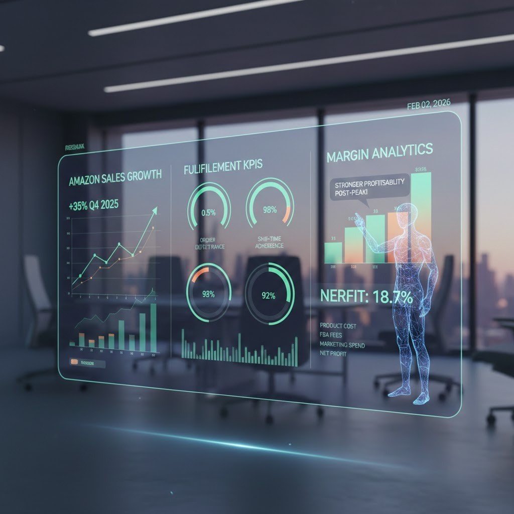 Amazon store growth dashboard showing order metrics, fulfillment KPIs, and profitability analysis.