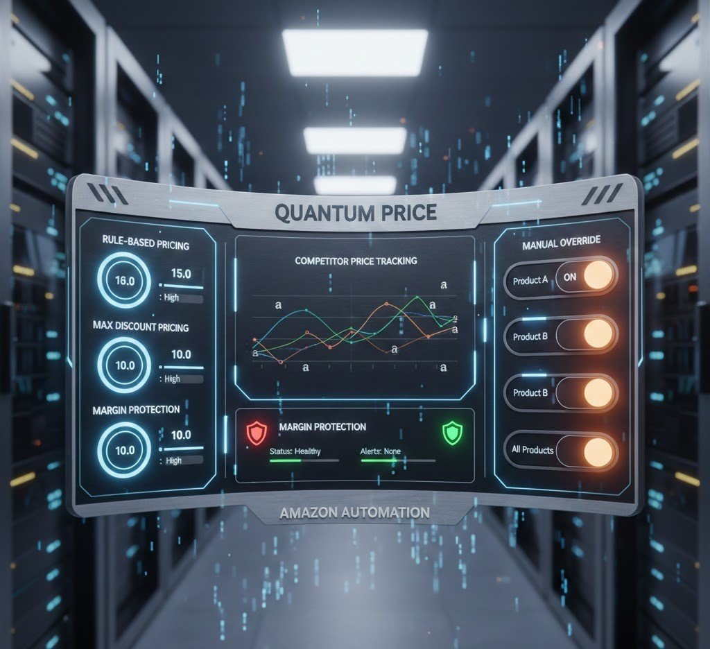 Amazon repricing automation system with margin protection and manual override controls.