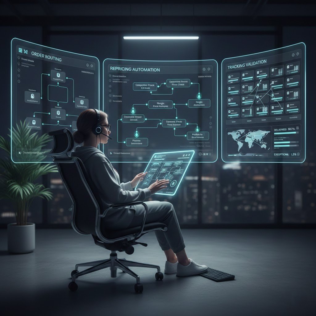 Dropshipping automation dashboard with human oversight managing repricing and fulfillment systems.