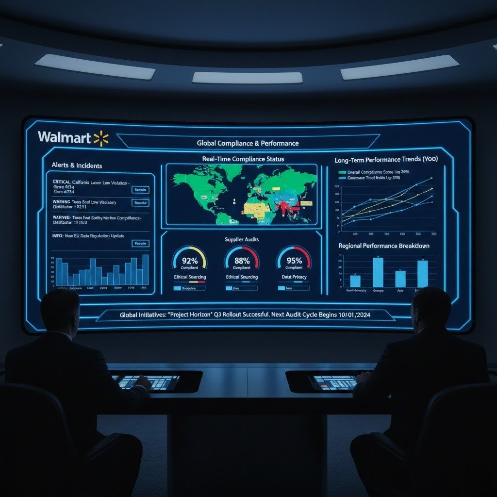 Walmart seller compliance monitoring dashboard tracking performance metrics.