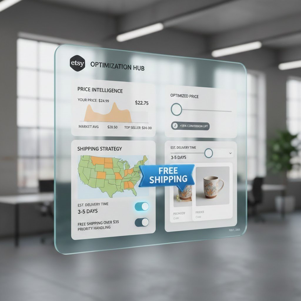 Etsy pricing and shipping optimization dashboard highlighting competitive pricing and free shipping badges.