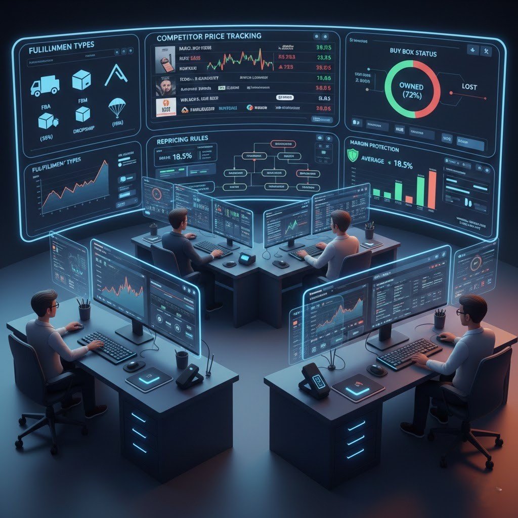 Real-time Amazon competitor pricing dashboard showing Buy Box monitoring and automated repricing strategy.