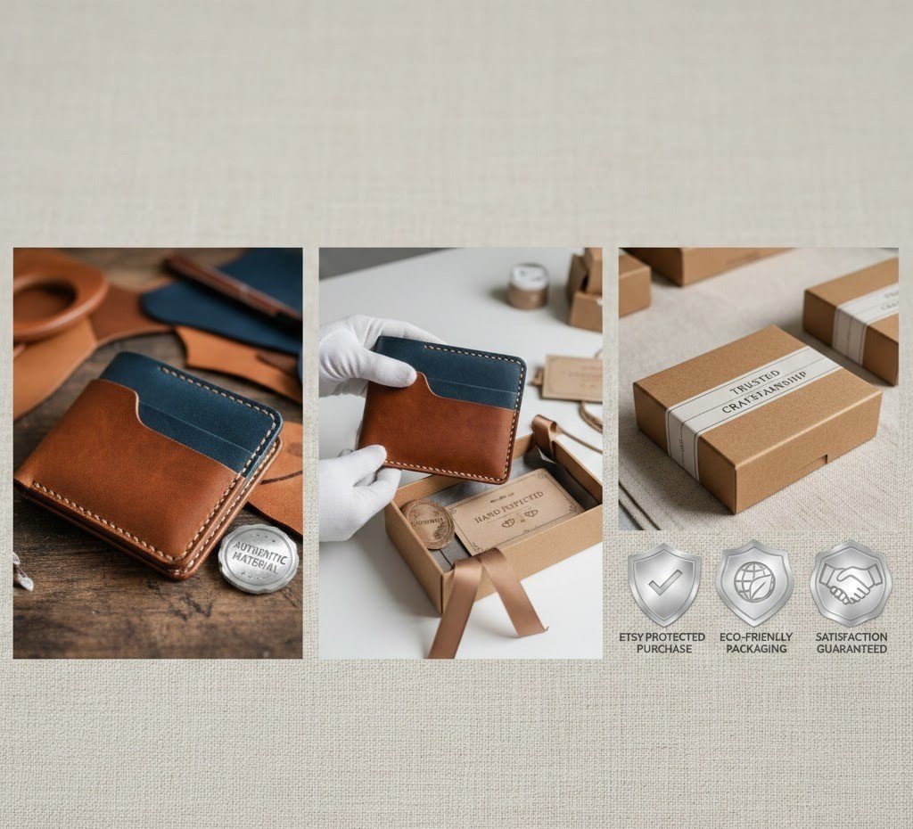 Trust signals in Etsy listings including materials, packaging, and authenticity.