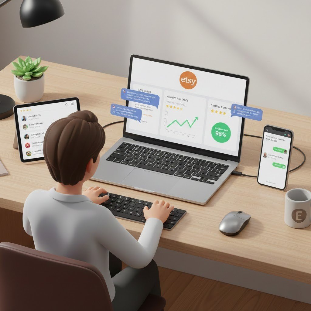 Etsy seller dashboard showing customer communication, review tracking, and order satisfaction monitoring.