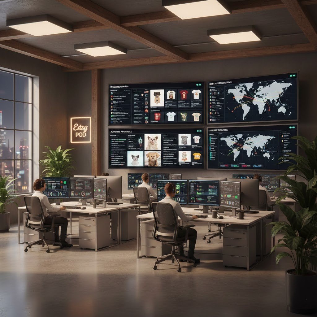 Etsy print-on-demand order management system handling personalization, routing, and tracking.