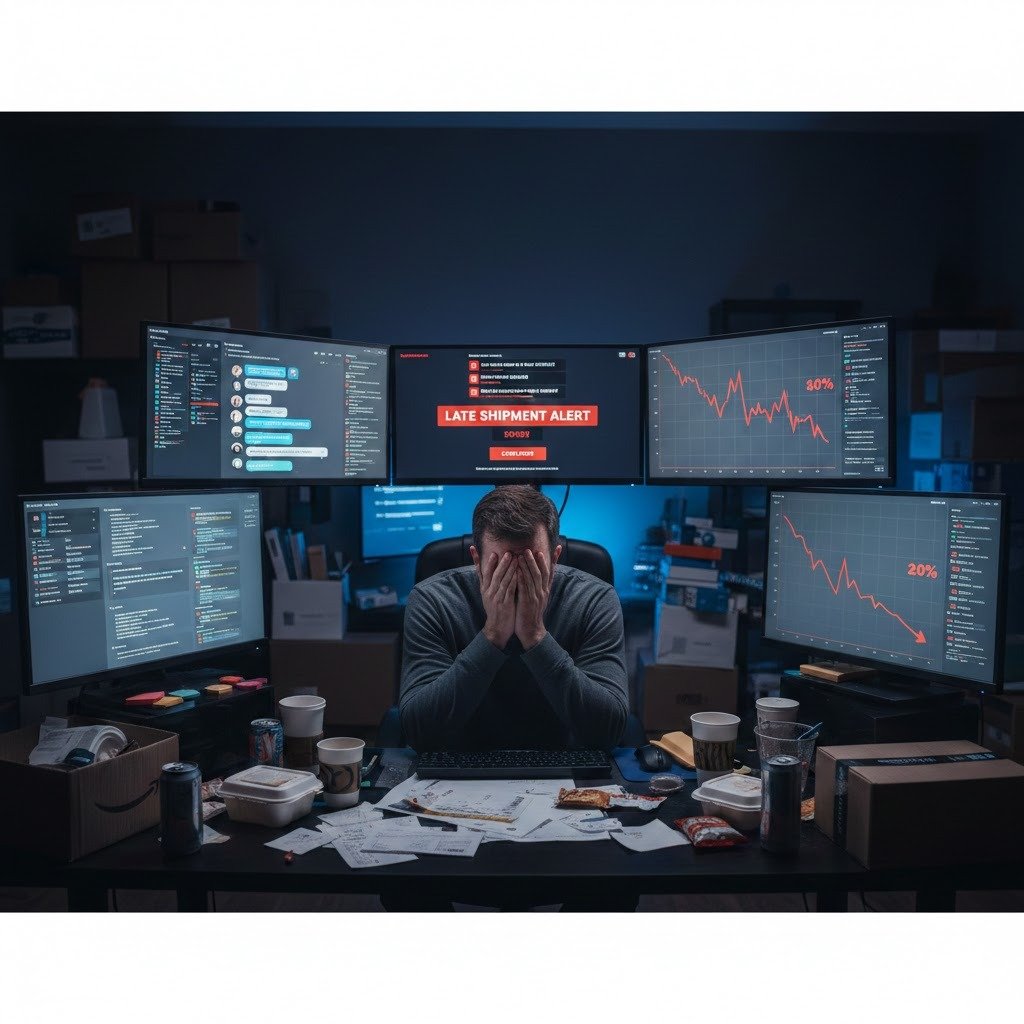 Overwhelmed Amazon seller managing orders, messages, and account health without virtual assistant support.