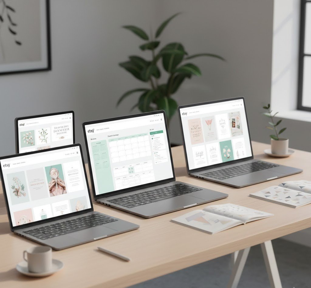 Digital Etsy products including printables, planners, and design templates.