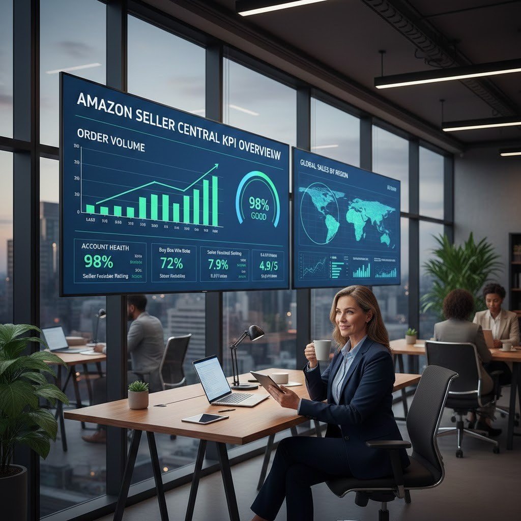 Amazon seller reviewing automated dropshipping performance dashboard with stable KPIs and order growth.