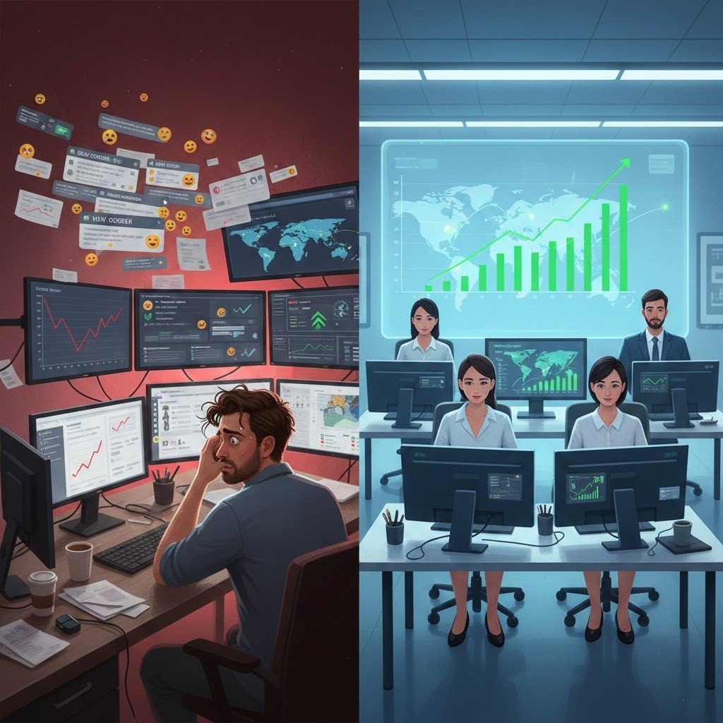 Comparison showing Amazon seller overwhelmed with tasks versus ecommerce virtual assistants improving efficiency and ROI.