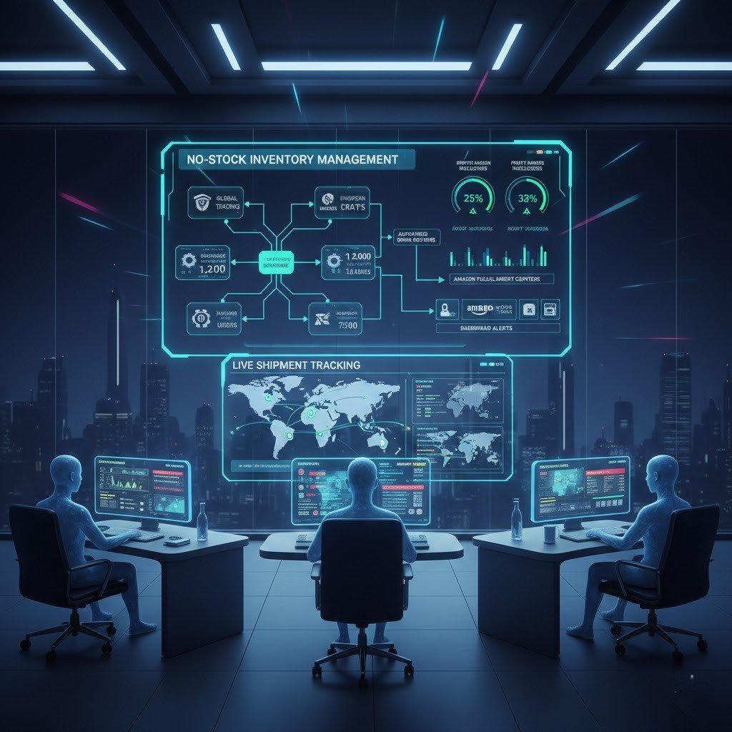 Amazon inventory management system showing live supplier stock, automated order routing, profit margins, and virtual assistant monitoring.