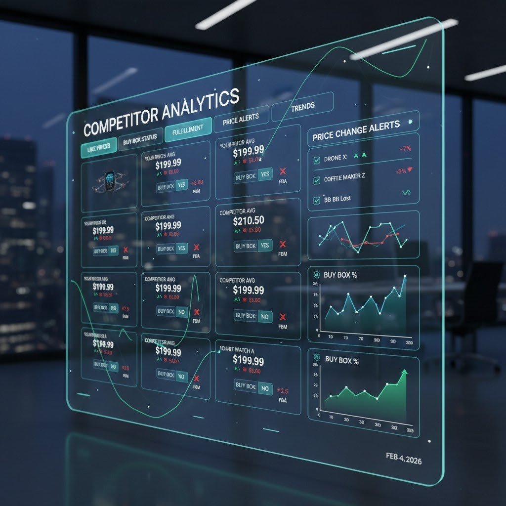 Amazon competitor pricing monitoring dashboard showing real-time price changes and Buy Box data.