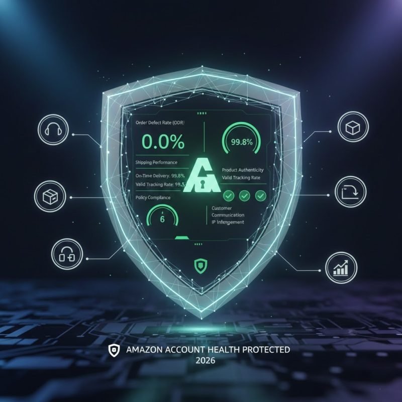 "3D illustration of Amazon Seller Central dashboard with green account health metrics and a glowing security shield representing suspension prevention."