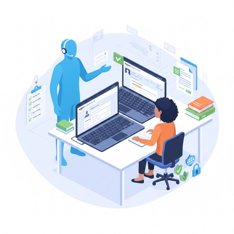 "Realistic illustration of a virtual assistant guiding a new Amazon seller through account creation and onboarding, showing Amazon Seller Central, a checklist, and documents in a clean modern corporate setting, by Ecommatic."