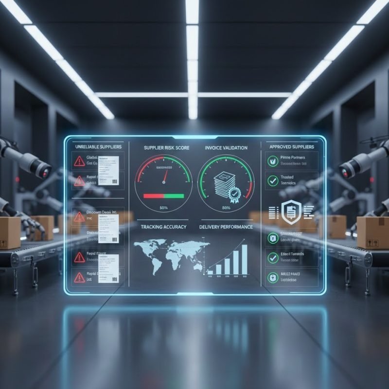 Supplier vetting system for 2-step dropshipping showing risk flags, invoice checks, tracking validation, and Amazon compliance monitoring.