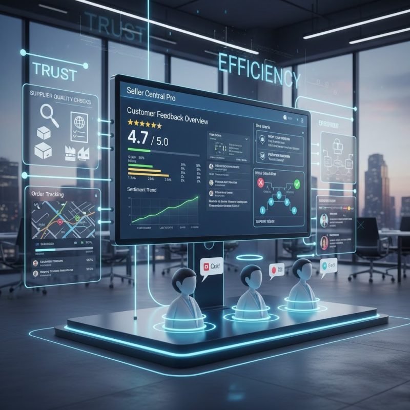 "3D illustration of Amazon review and reputation management dashboard showing star ratings, sentiment analysis, and virtual assistants handling customer feedback."