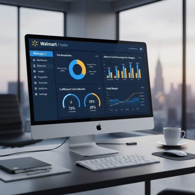 Walmart Marketplace fees dashboard showing referral fees, fulfillment costs, and seller profit margins.