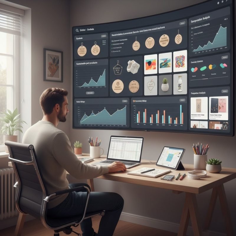 Best Etsy niches for beginners research dashboard showing profitable product ideas.