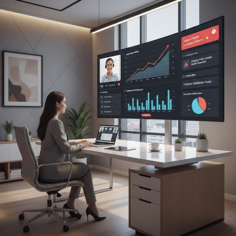 Business owner evaluating an ecommerce virtual assistant service using performance dashboards and compliance metrics.